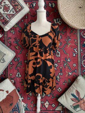 NINE WEST Orange Black Smocked Sun Dress Size Small